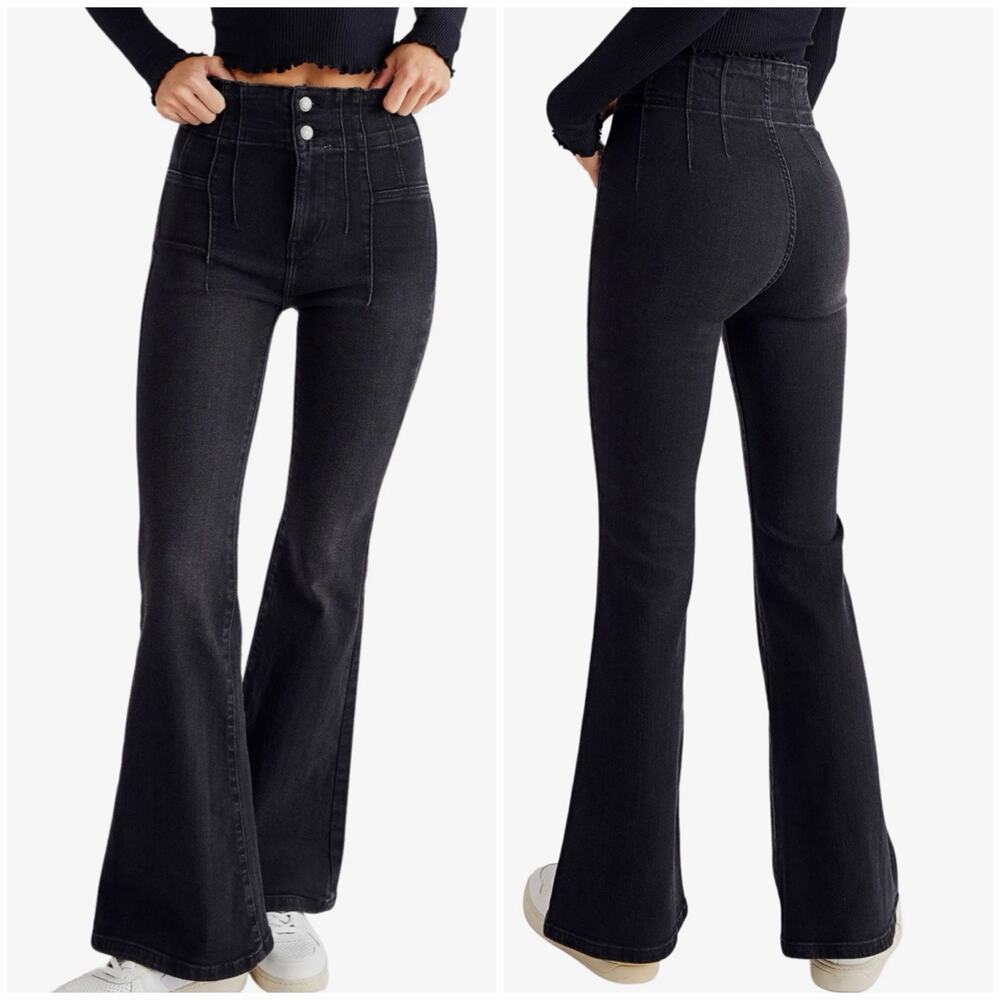 Free People We The Free Black High Rise Flare Jeans Size 27 Stretch
